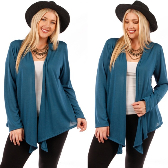 1x-3x PlusWaterfal Draped Open  Knit Cardigan TEAL - Picture 1 of 4